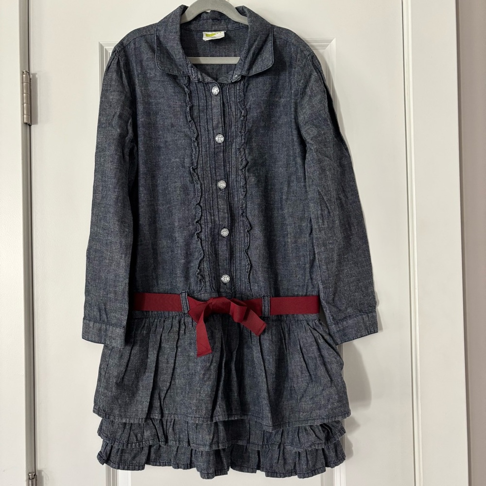 Crazy 8 Blue Chambray Long Sleeve Dress with Burgundy Bow